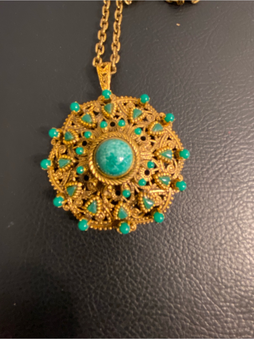 Vintage Gold Pendant Necklace with Green stone Accents
